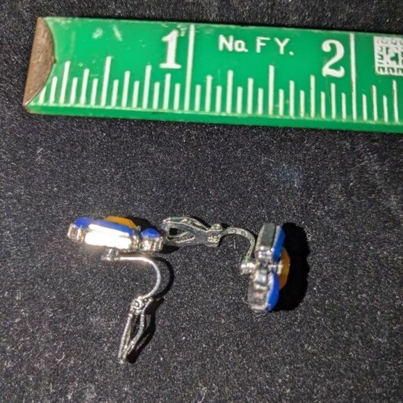 Vintage Blue Yellow Clip-On Earrings Silver-Tone Details Retro Geometric Design - Picture 4 of 7